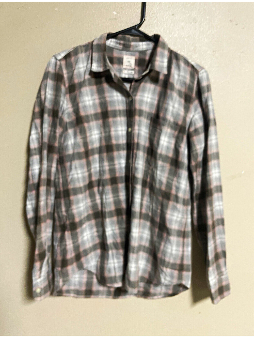 Gap The Fitted Boyfriend Men’s S Gray Pink White Plaid Flannel Button-Up Shirt